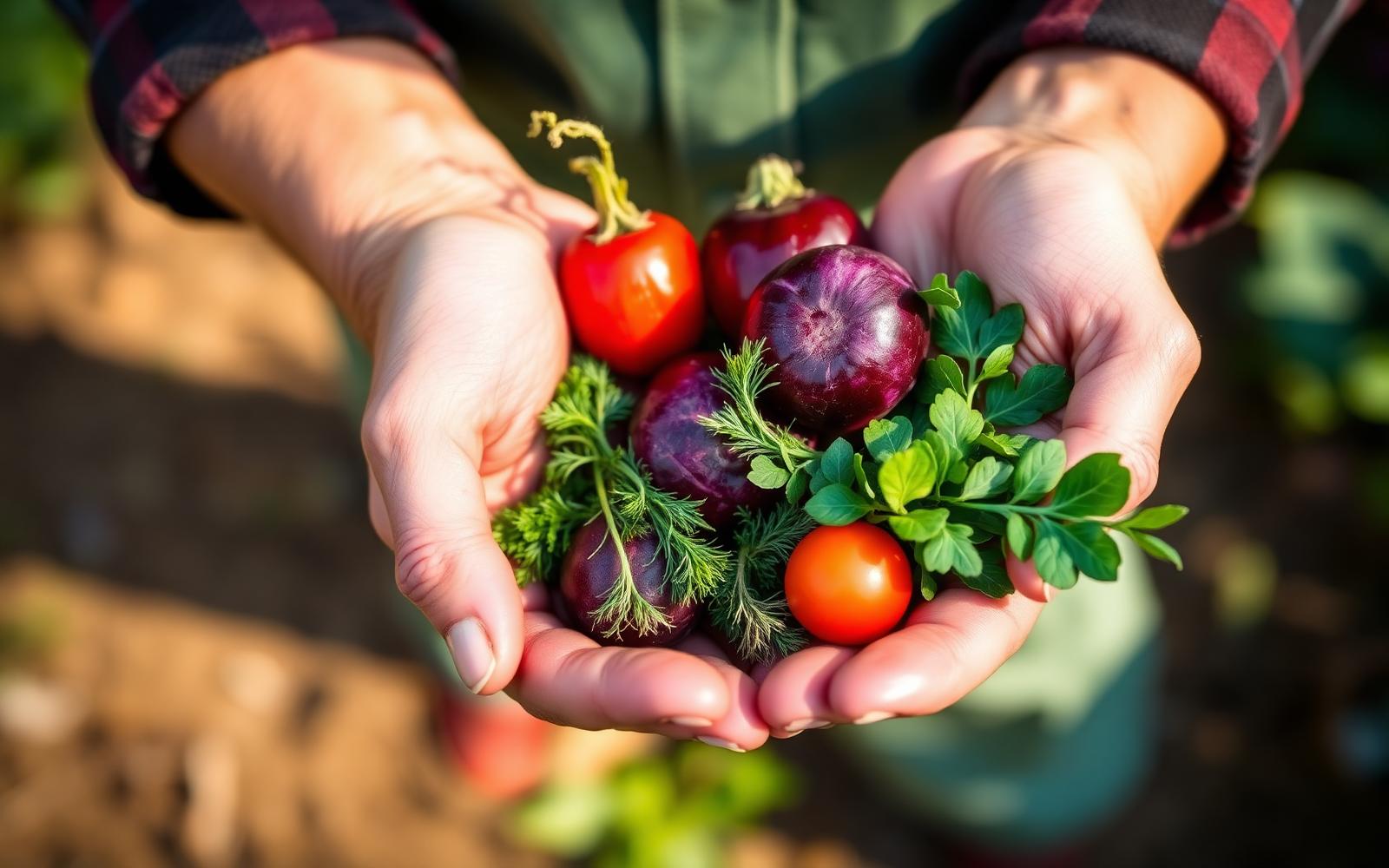 Hands holding fresh garden vegetables and herbs outdoors